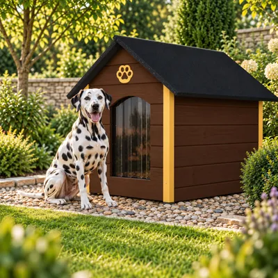 Produktbild von QLS Hundehütte 104x74 cm Größe XL isoliert aus Holz für draußen Braun-Honig 9067, KI-generiertes Bild