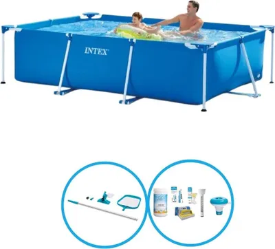 An Intex pool with two people in it, and two separate circles showing pool cleaning accessories.
