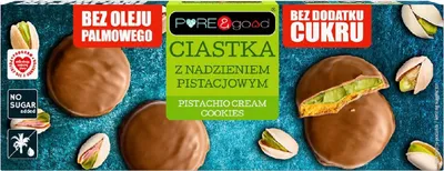 CIASTKA Z NADZIENIEM PISTACJOWYM W CZEKOLADZIE MLECZNEJ BEZ DODATKU CUKRÓW 96 g - PURE&GOOD