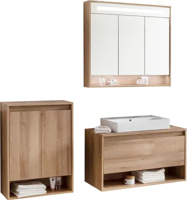 Produktbild von Fackelmann NATURA Badmöbelset 4-teilig, 94 cm, Braun hell + Spiegelschrank + Doppel-Midischrank