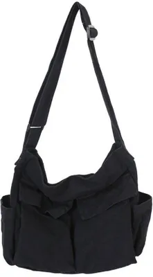 Image de Sac à bandoulière en toile - Rembourré - Style vintage - Grande capacité - Sac à bandoulière - Avec plusieurs poches - Pour hommes et femmes - Sac d'école et de tous les jours - Noir