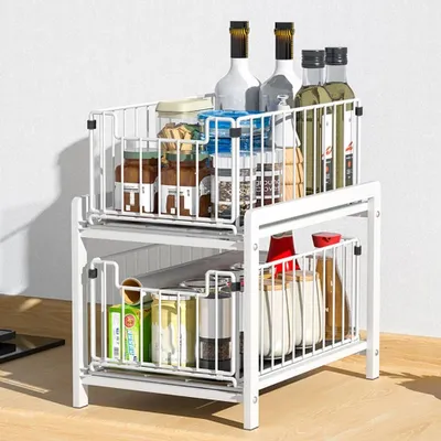 Image de Organisateur de placard extensible - Étagère sous-évier à 2 niveaux - Acier - Cuisine et salle de bain - Avec paniers - Blanc