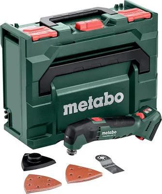 A Metabo PowerMaxx MT 12 Akku-Multitool 12V with accessories and its metaBOX case.