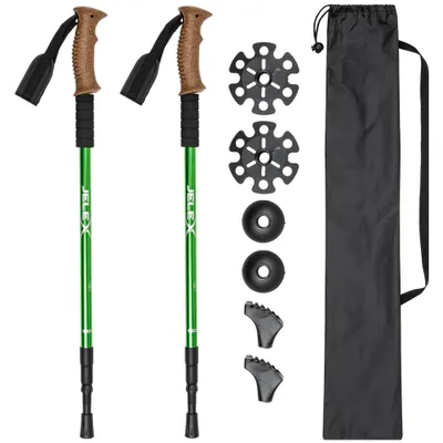 A set of hiking poles and accessories laid out on a white background.