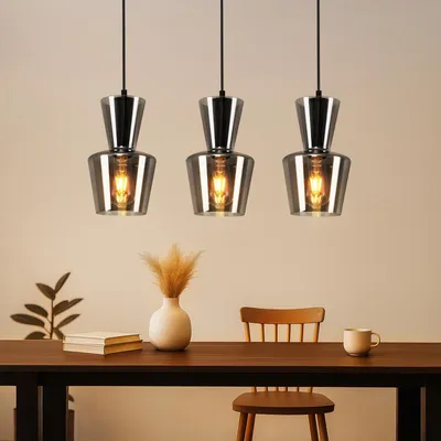 Immagine prodotto di ZMH lampada a sospensione tavolo da pranzo cucina lampada a sospensione soggiorno E27 tavolo da pranzo lampada a sospensione grigio fumo 3 fiamme vetro lampada a sospensione vintage sala da pranzo retrò rotonda per la cucina (senza lampadina)