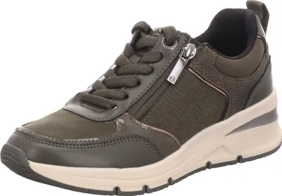 A single olive green sneaker is shown against a white background.