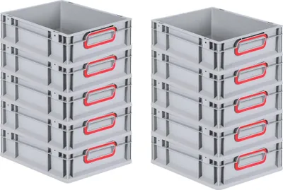 Produktbild von SparSet 10x Eurobox NextGen Color | HxBxT 12x30x40cm | 11 Liter | Griffe rot geschlossen | Glatter Boden | Grau | Eurobehälter, Transportbox, Transportbehälter, Stapelbehälter