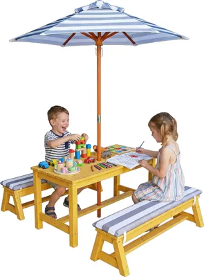 Produktbild von Relaxdays Kindersitzgruppe für draußen, Garten Picknickbank mit Schirm & Kissen, Holz, Gartengarnitur für Kinder, natur