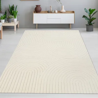 Obrázok produktu pre Príjemný nízky koberec do obývačky s polkruhovým vzorom v krémovej farbe – rozmery 160 x 220 cm
