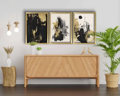 Produktbild von Wallity, Dekoratives MDF-Bild (3 Teile) - Gold, Weiß, Schwarz | 100% MDF | 38x53 cm