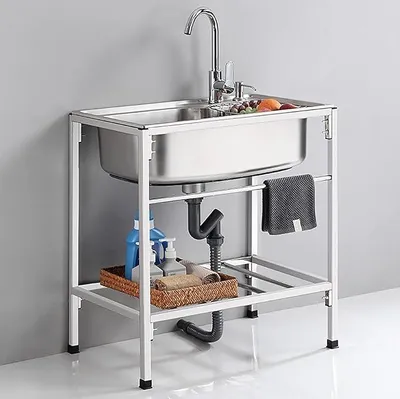 Produktbild von Außenspüle Mobile Utility Spüle Freistehende Küchenspüle 304 Edelstahl Einzelbecken Becken mit Wasserhahn, Kalt- und Warmwasserrohre für Werkstatt Bauernhaus Gastronomie Garten