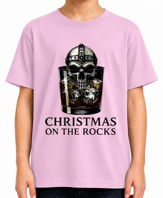 Produktbild von Christmas On The Rocks Whiskey Skull Viking Helm Runen Totenkopf Kinder T-Shirt, Pink, 104