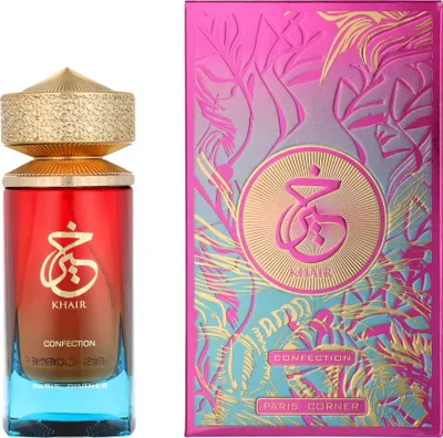 A perfume bottle and its packaging are displayed side-by-side against a white background.