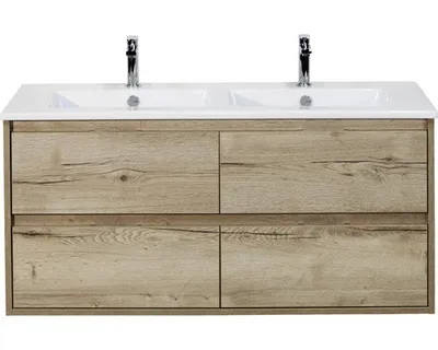 Produktbild von Sanox Badmöbel-Set Porto BxHxT 121 x 57 x 51 cm Frontfarbe eiche natur mit Doppel-Waschtisch Keramik weiß Griff chrom 84