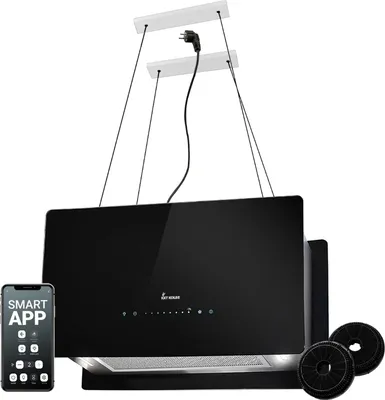 Produktbild von KKT KOLBE  Dunstabzugshaube 60 cm 764 cbm/h Umluft | Smart WLAN WiFi App | Inselhaube freihängend | Deckenmontage | Edelstahl | Schwarz Glas | LED-Beleuchtung | Nachlaufautomatik | CUBE60S