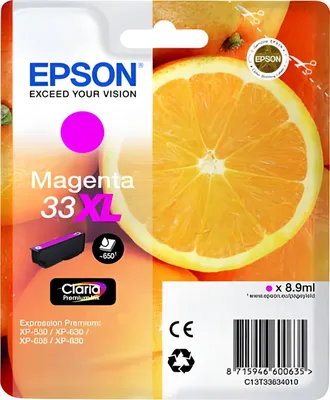 Zdjęcie produktu dla Epson Oranges Singlepack Magenta 33XL Claria Premium Ink, Wysoka (XL) wydajność, Purpurowy, Tusz na bazie pigmentu, 8,9 ml, 1 szt., 650 stron(y)