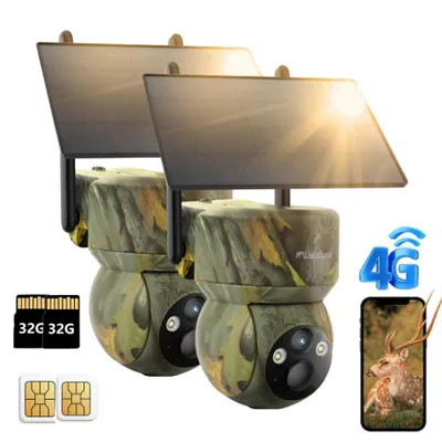 Image de Caméra de chasse usogood 4G LTE à énergie solaire 360° 2K avec carte SIM et carte mémoire de 32 Go, application de transmission sur mobile, étanche, batterie 7800 mAh, lot de 2
