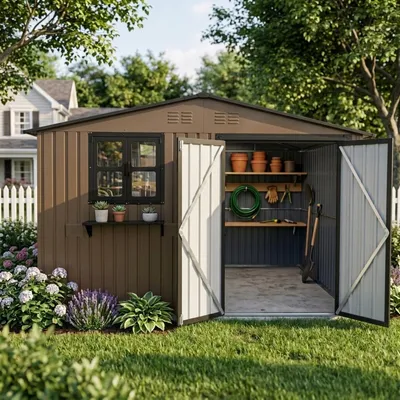Produktbild von Geräteschuppen 7,19 m² Metall Gartenhaus 295x243,6 cm wasserdicht mit 2 Fenstern abschließbaren Türen Blumenregal Braun-Schwarz