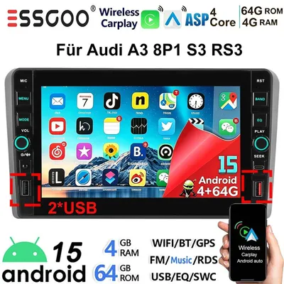 Obrázok produktu pre Android autorádio 15 pre model Audi A3 8P (ročníky 2003-2012) s 8-palcovým dotykovým displejom, formátom Double DIN, GPS navigáciou, podporou CarPlay a Android Auto, prijímačom DAB+, Bluetooth, 4 GB RAM, 64 GB úložiskom a výkonom 4x45 Watt