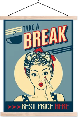 Produktbild von MuchoWow® Textilposter Frau - Vintage - Zeichnung - Zitat 60x80 cm mit holzfarbenen Rahmen - Wandbild