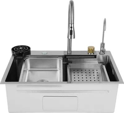 Obrázek produktu pro Kuchyňský dřez – obdélníkový dvojdřez 75 cm – nerezová ocel 304 – vodopád – 4 typy proudu – včetně baterie – stříbrný