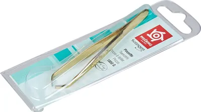A pair of golden tweezers in clear plastic packaging, with product information printed on a card insert.
