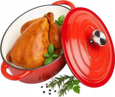 Produktbild von Emaillierte Gusseisenpfanne 6,4 l – Für Induktion, Gas und Backofen – Tiefes Modell mit Deckel – Rot