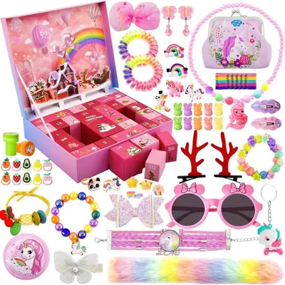 Produktbild von Adventskalender 2025 Kinder Mädchen 24 Tage Schmuck Haarschmuck Einhorn Pink