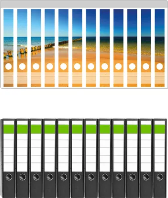 Produktbild von Wallario 12 Stück schmale Ordner inkl. Klebeetiketten mit Motive Sandstrand in orange - Blaues Meer - Blauer Himmel -  Set mit Rückenschildern / Ordnerrücken Stickern