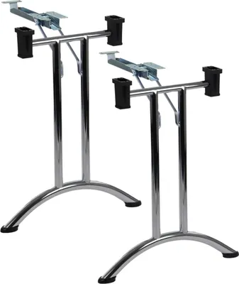 Two chrome table bases against a white background.