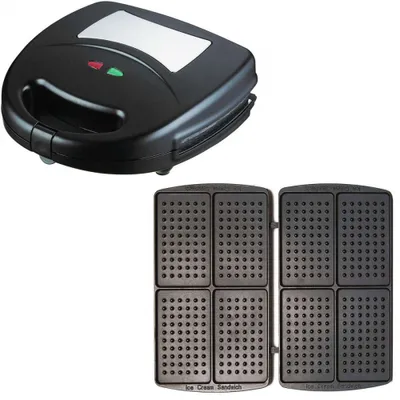 A black ice cream sandwich maker with interchangeable plates.