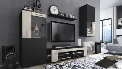 Produktbild von Vladon Wohnwand Movie, Anbauwand bestehend aus 1 TV-Board, 2 Vitrinen und 1 Regal, Schwarz matt/Schwarz matt/Sandgrau Hochglanz (Gesamt: 300 x 190 x 39 cm)