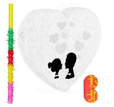 Produktbild von 3 tlg. Pinata Set Hochzeit, Herzpinata zum Aufhängen, Pinatastab, Augenmaske, Hochzeitspinata Papier mit Zubehör, weiß
