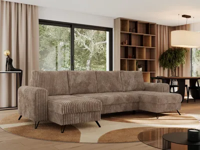Produktbild von Ecksofa für das Wohnzimmer, AXEL U Ecksofa mit losen Kissen, drei Bettkästen, U-förmiges Ecksofa mit Armlehnen, Universalecke mit schwarze Metallbeine - Braun Cord