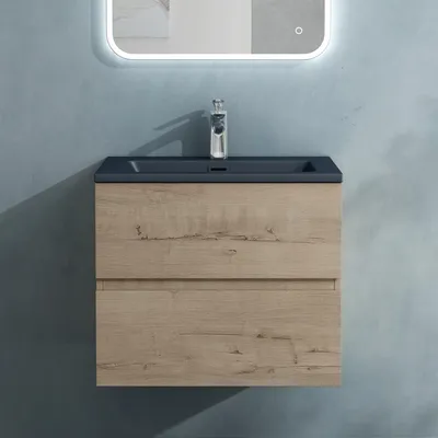 Image de doporro Meuble de Salle de Bain Suspendu Chêne Clair 60x48x50cm Ensemble de 2 Pièces Meuble avec Lavabo Gris Noir Mat Solid Surface Design Aqualis