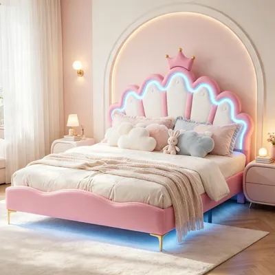 Produktbild von INONEFT Kinderbett 140x200cm, Prinzessinnenbett mit LED, Polsterbett für Mädchen, Doppelbett mit Kronen-Kopfteil, Bettrahmen mit Lattenrost, PU, Rosa