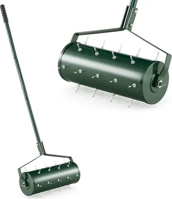 Zdjęcie produktu dla Metalowy spulchniacz gleby, narzędzia ogrodowe z długimi uchwytami i antypoślizgową rączką z PP, walcowy wertykulator do trawników z solidnymi kolcami, zielony