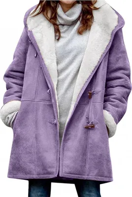 Produktbild von ASKSA Damen Fleecejacke Wintermantel Warm Fleece Hornknopfjacke Herbst Winter Kapuzenpullover Jacke Mantel, Lila, L