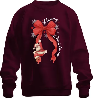 Produktbild von Merry Christmas Weihnachtsmann rote Schleife Schneeflocken Uni Sweatshirt Pullover, Burgundy, XXL