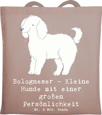 Produktbild von Mr. & Mrs. Panda Shopping Tasche Bologneser Charakterstark - Braun Pastell - Geschenk, kuschelige Hunde, weiches weißes Fell, Tote Bag, Laptoptasche, lebhafte Art, Uni