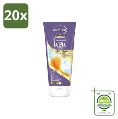 Productafbeelding van 20 x Andrélon WOW 1-minuten masker voor hydratatie en volume - 180 ml - Grote verpakking - 20 stuks