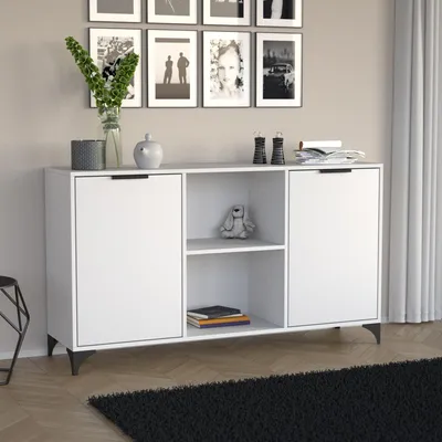 Produktbild von BEAUTYSOFA Kommode HOME 150 cm in Weiß, 2-türiges Sideboard mit zwei offenen Regalfächern, Griffen und Metallbeinen, Anrichte für Wohnzimmer & Flur