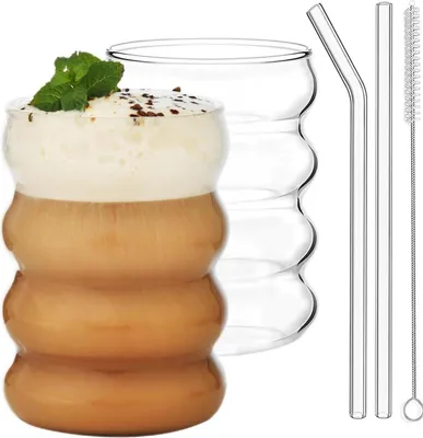 Image de ALINK Plus Size Verres à boire nervurés, set de 2 verres de 530ml avec pailles en verre