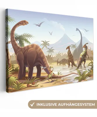 Produktbild von MuchoWow® - Leinwandbilder - Dinosaurier - Landschaft - Tropisch - Kinder - Jungen, Wandbild, Wanddeko Bilder Wohnzimmer, 30x20cm