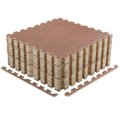 Image de Lot de 12 tapis de protection FATIVO 60 x 60 x 1 cm + 24 pièces de bordure — Tapis de fitness modulable, protection de sol antidérapante, tapis de sol marron