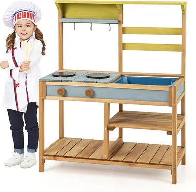 Imagen del producto de Cocina de exterior para niños, cocina de madera con fregadero desmontable y 3 ganchos para colgar, cocina infantil con espacio de almacenamiento para el jardín, ideal para niños y niñas a partir de 3 años (color natural)