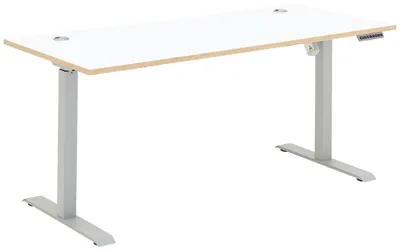 Höhenverstellbarer Schreibtisch MEMPHIS mit weißer Holzplatte und Metallgestell in Gesamtansicht.