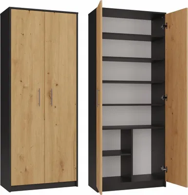 Zdjęcie produktu dla Oliv 2D zamknięta półka z 8 półkami i 2 drzwiami | Antracyt - Artisan Oak | 180x74x35 cm