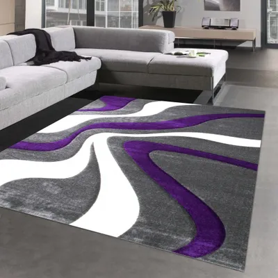 Obrázek produktu pro Stylový koberec se vzhledem vlny | ve fialové, šedé a bílé barvě Velikost - 200 x 290 cm