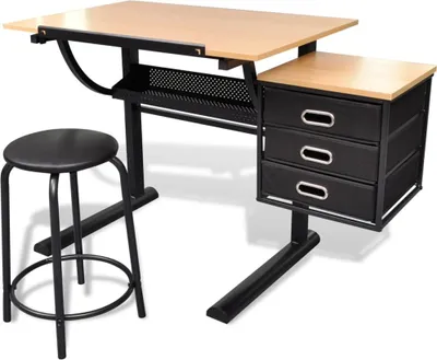 A drafting table with a stool and a set of drawers, shown against a white background.